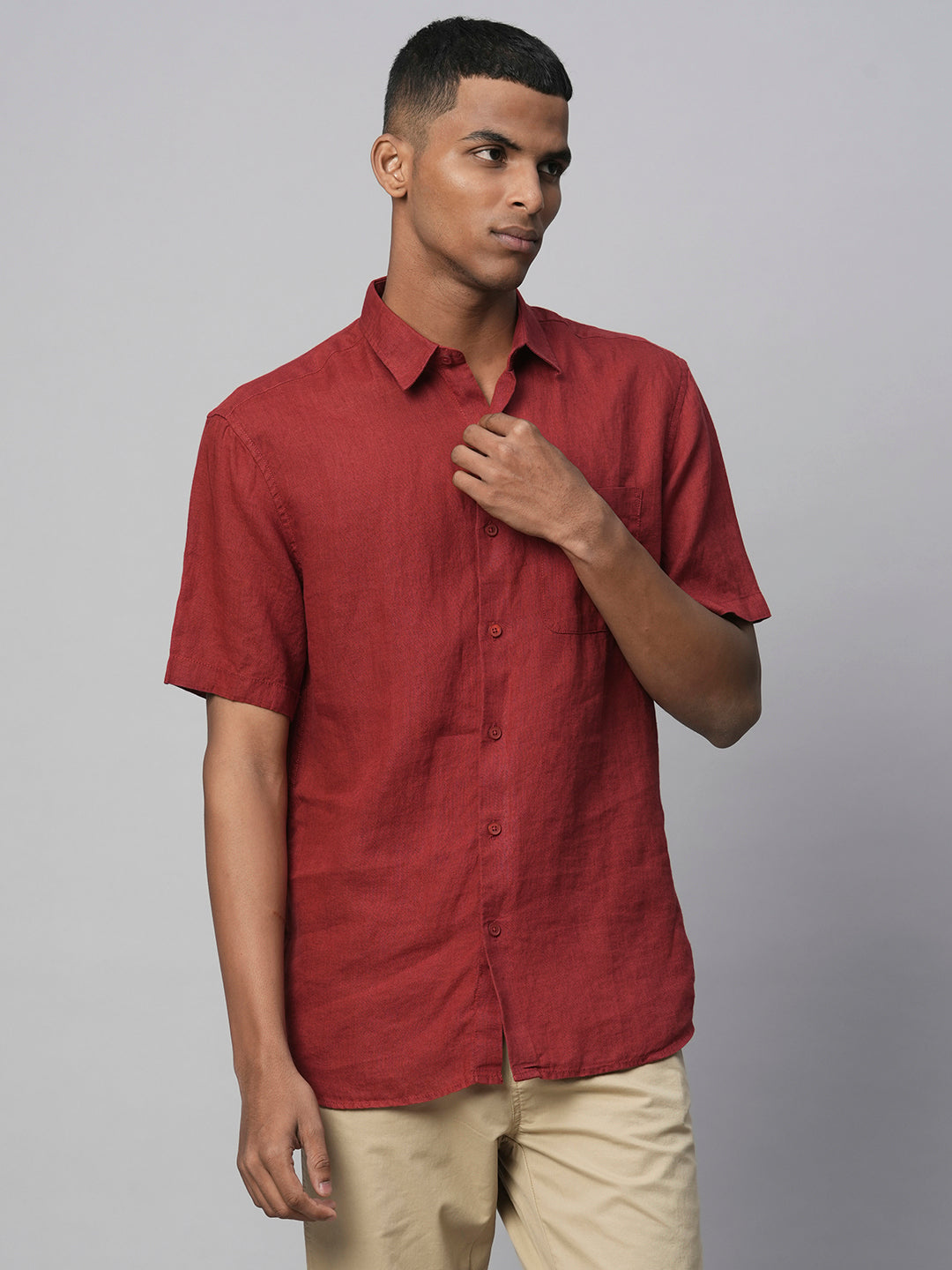 Men's 100% Linen Red Regular Fit Shirt