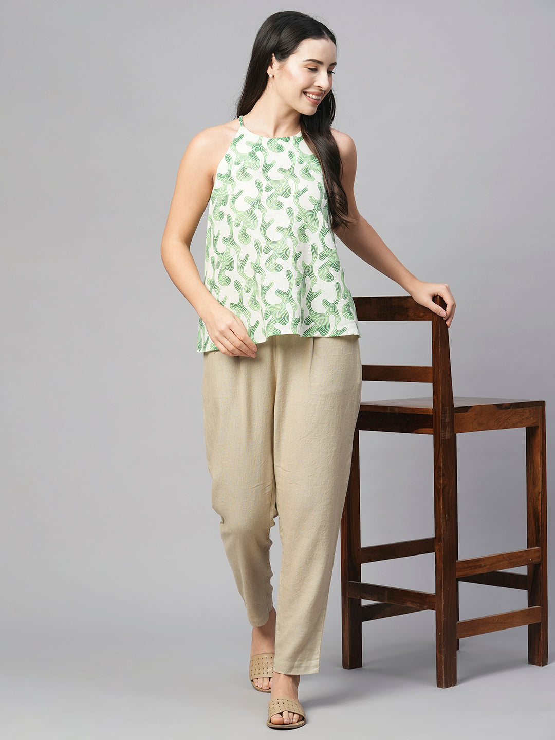 Women's Green Cotton Flax Regular Fit Blouse