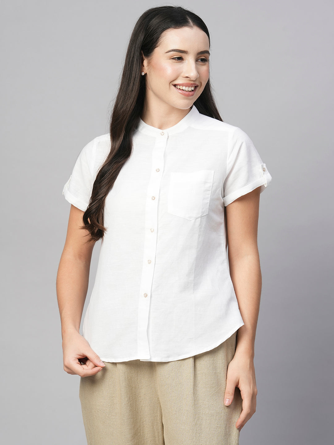 Women's White Linen Cotton Regular Fit Blouse