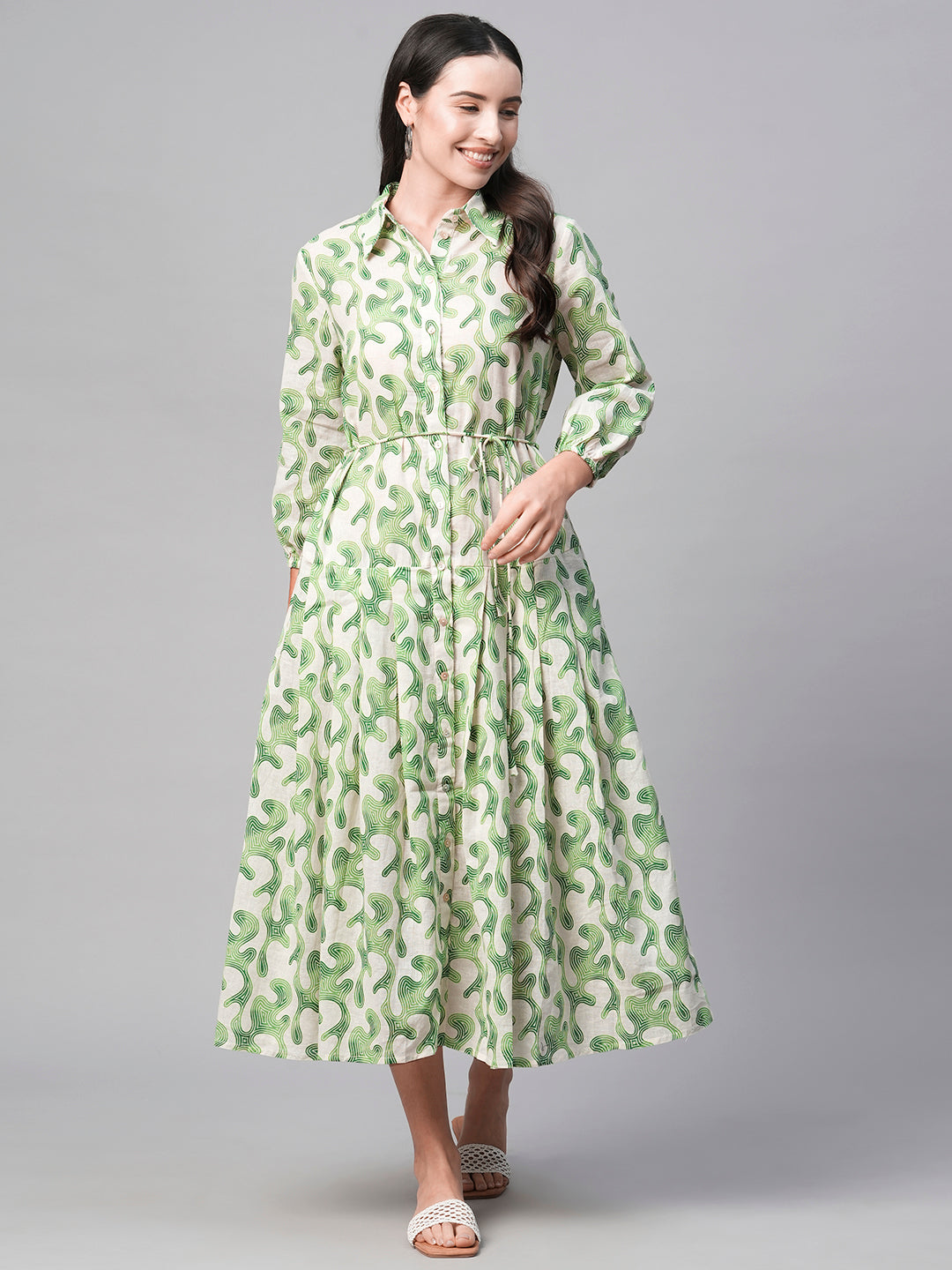 Women's Green Cotton Flax Regular Fit Dress