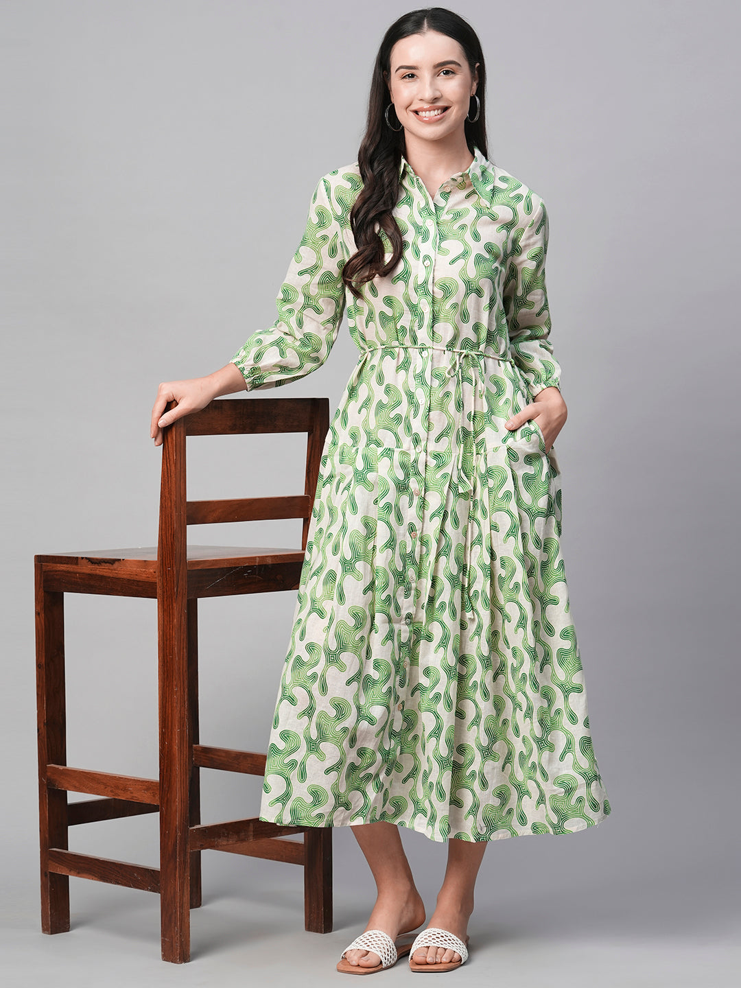 Women's Green Cotton Flax Regular Fit Dress