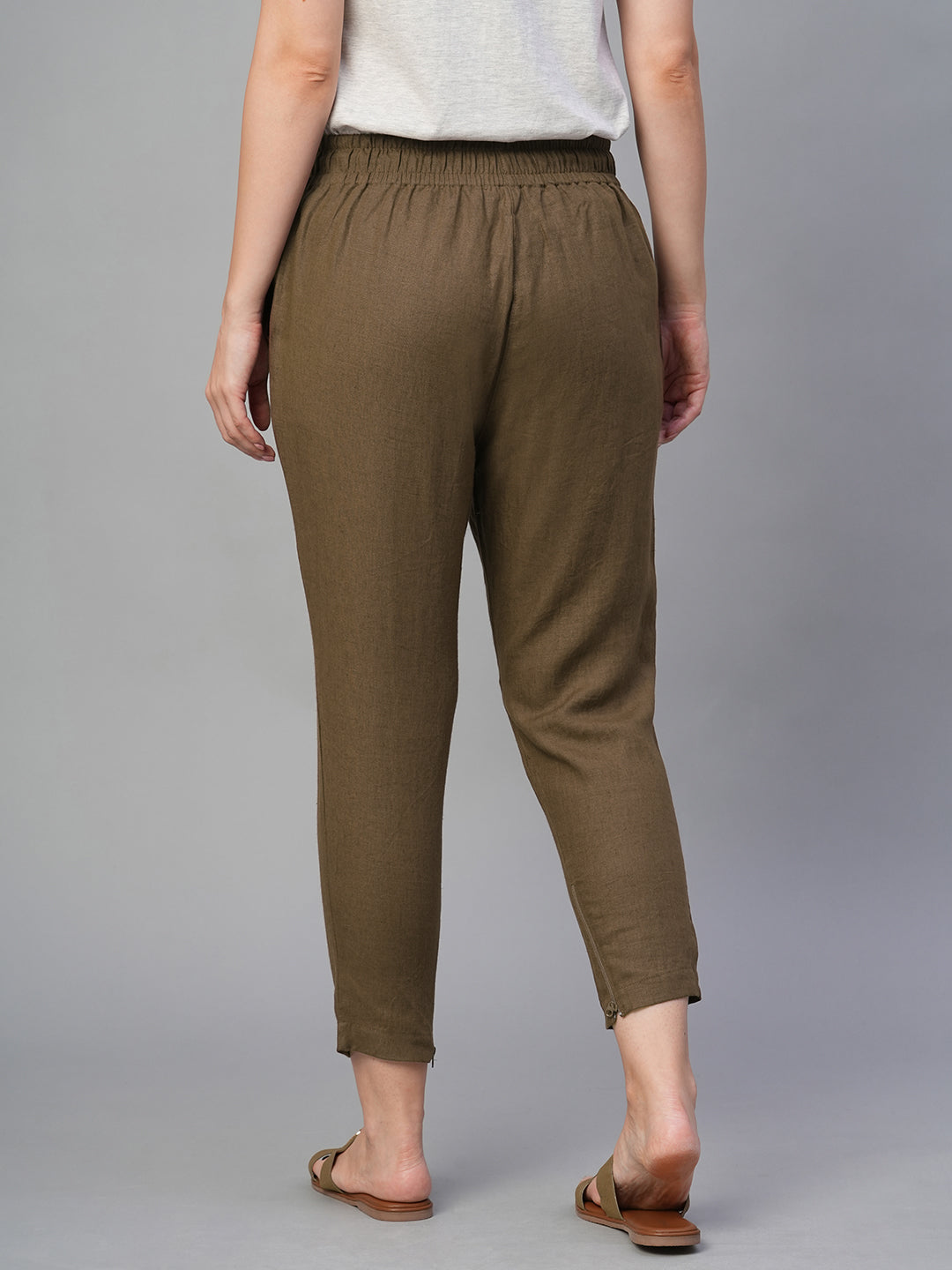 Women's Brown 100% Linen Slim Fit Pant