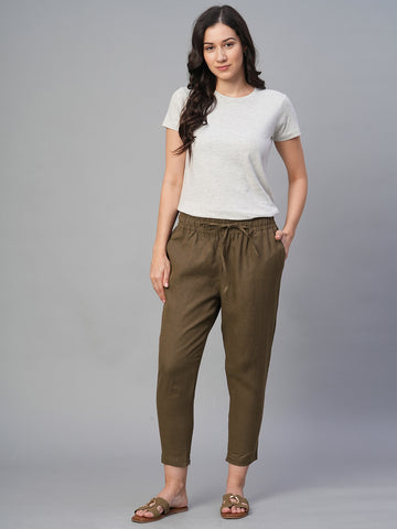 Women's Brown 100% Linen Slim Fit Pant