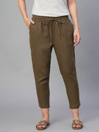Women's Brown 100% Linen Slim Fit Pant
