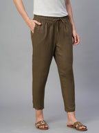Women's Brown 100% Linen Slim Fit Pant