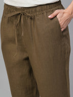 Women's Brown 100% Linen Slim Fit Pant