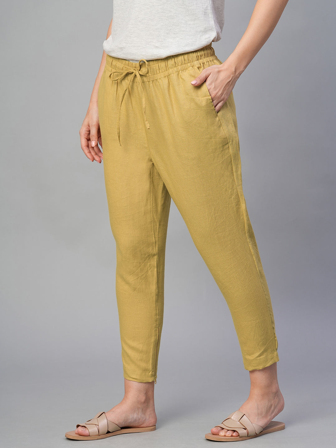 Women's Mustard 100% Linen Slim Fit Pant