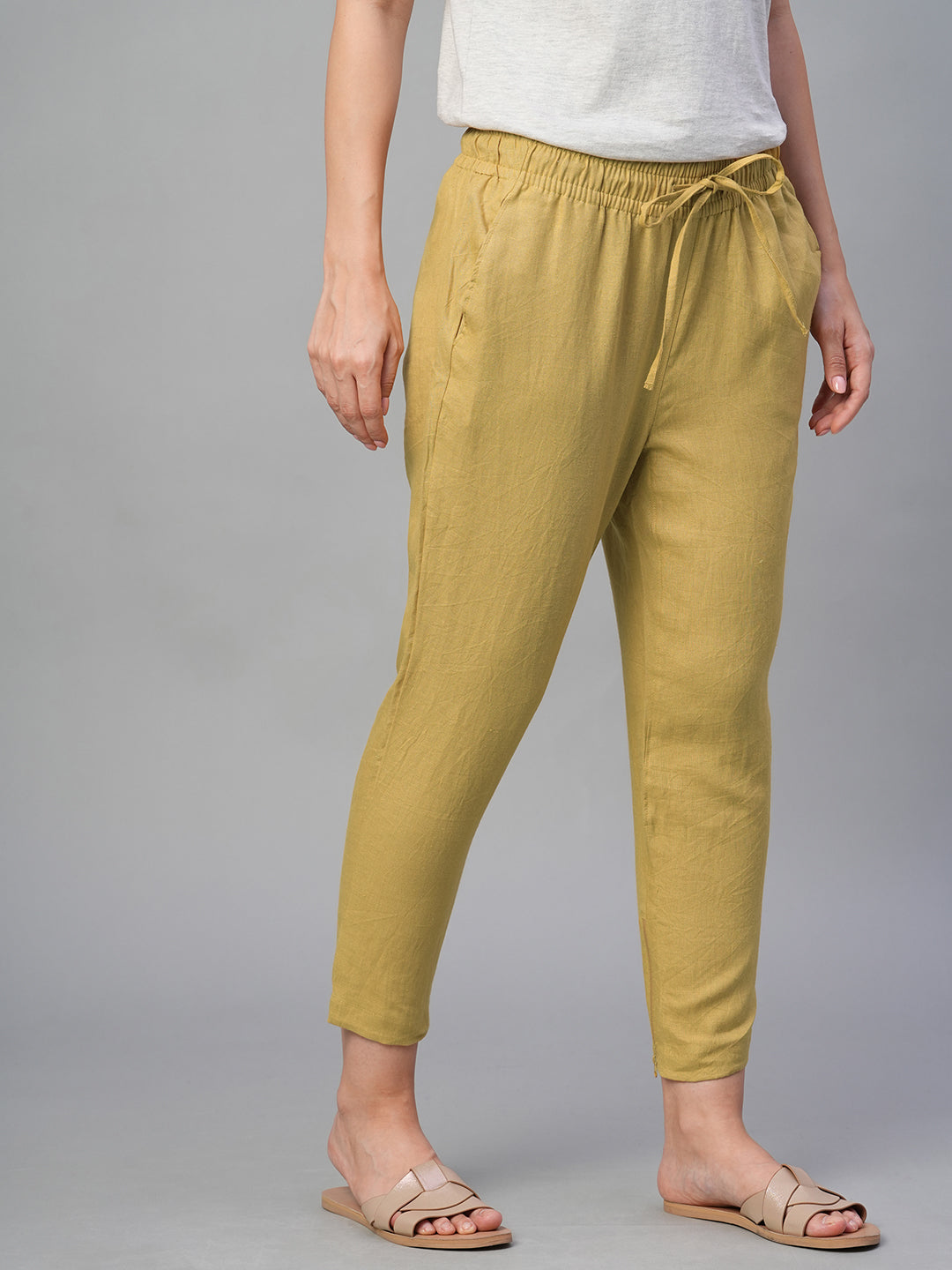 Women's Mustard 100% Linen Slim Fit Pant