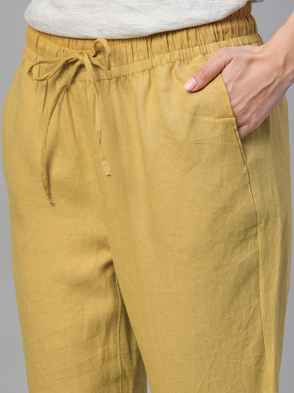 Women's Mustard 100% Linen Slim Fit Pant