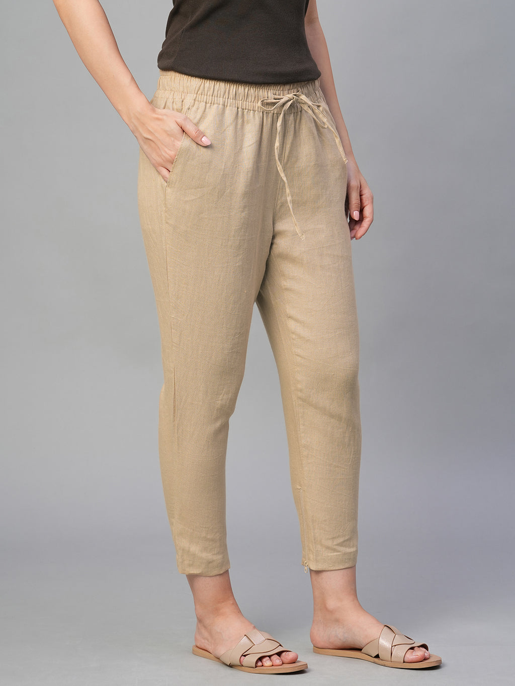 Women's Khaki 100% Linen Slim Fit Pant