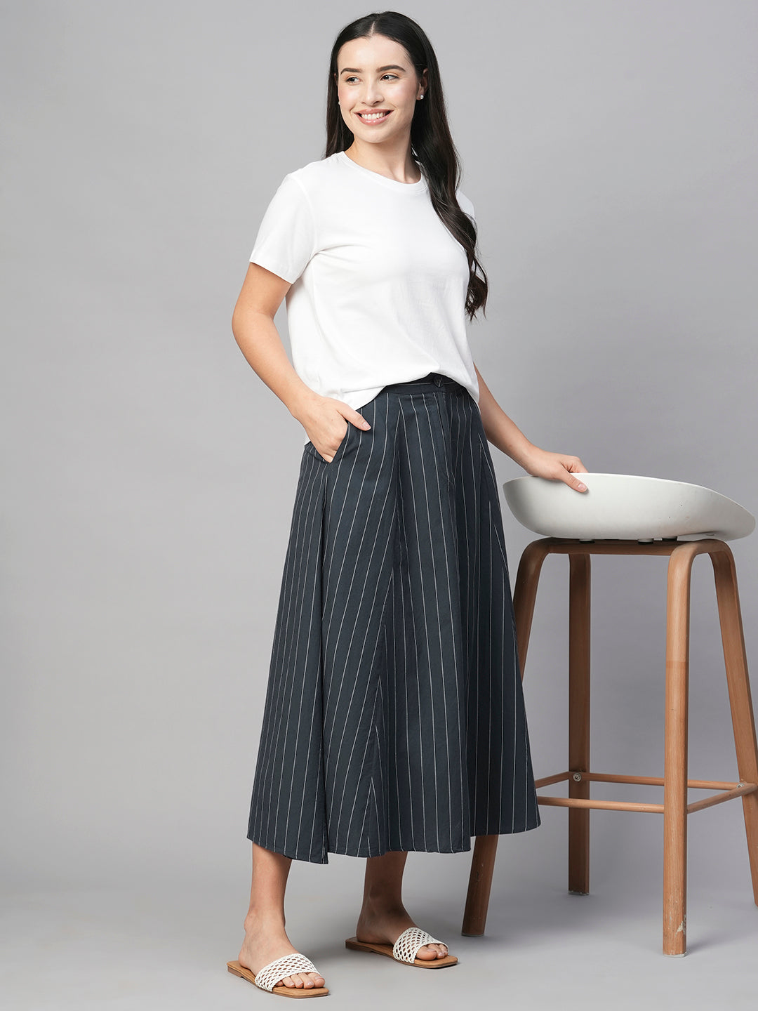 Women's Navy Cotton Flared Skirt