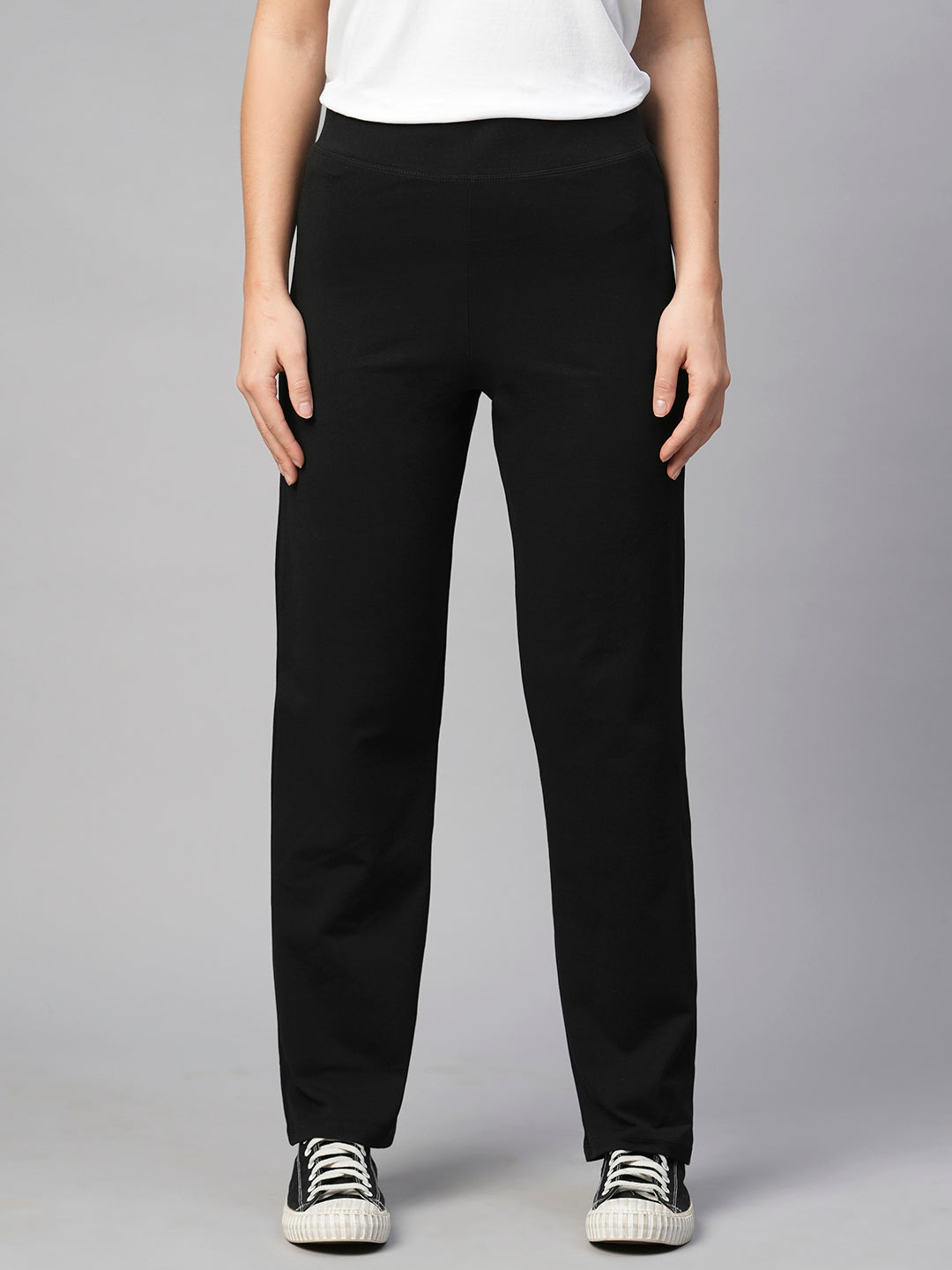 Women's Black Cotton Elastane Regular Fit Knit Pant