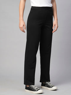 Women's Black Cotton Elastane Regular Fit Pant