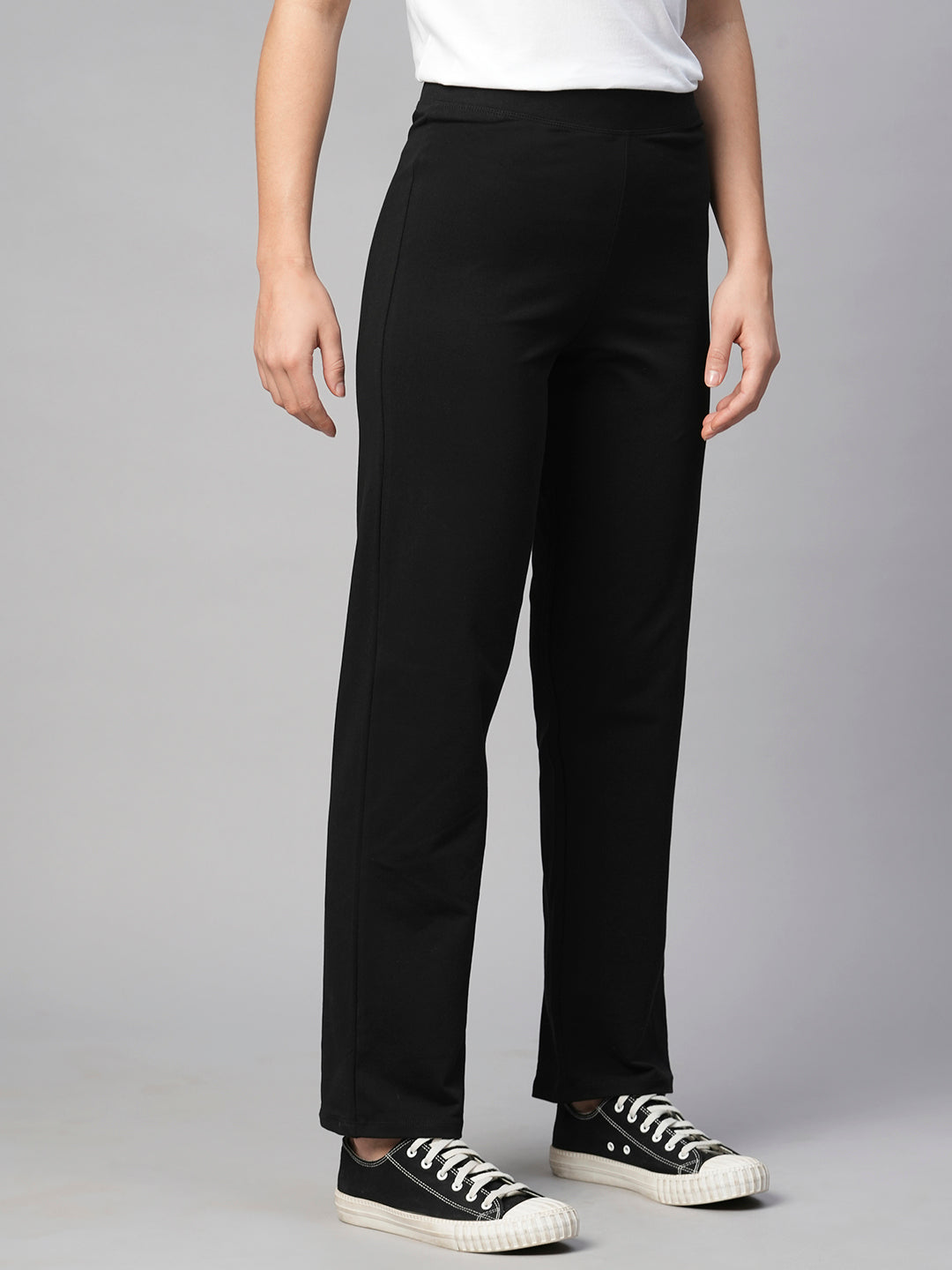Women's Black Cotton Elastane Regular Fit Pant