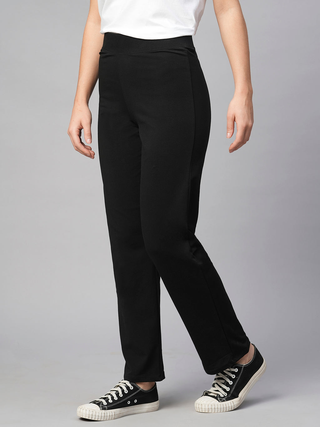 Women's Black Cotton Elastane Regular Fit Pant