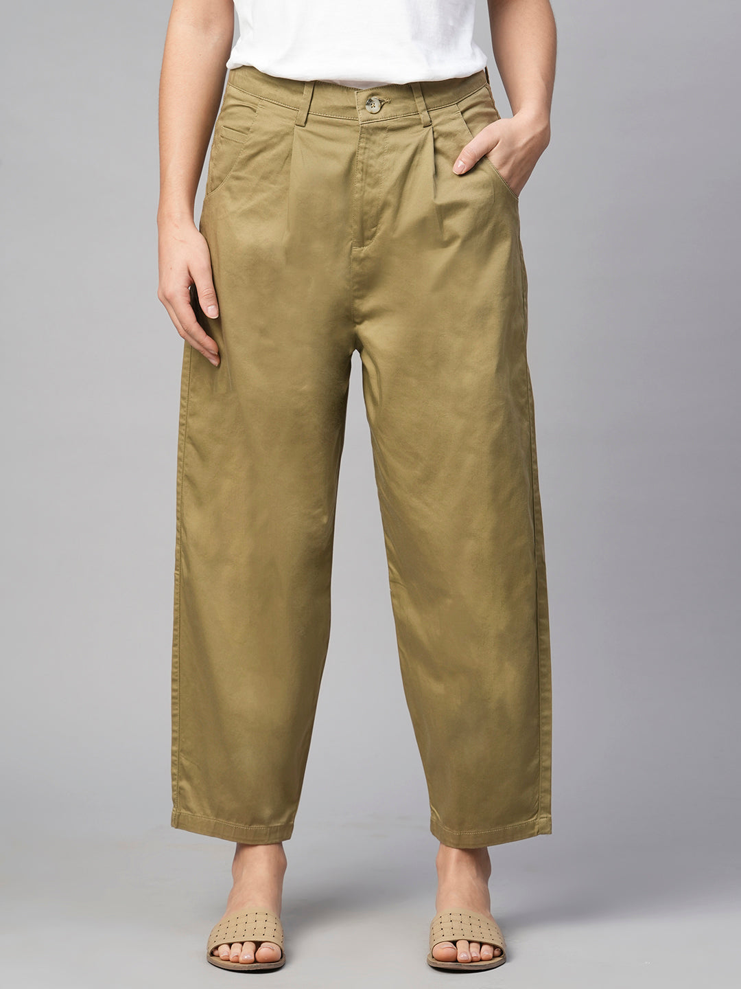 Women's Khaki Cotton Elastane Loose Fit Pant
