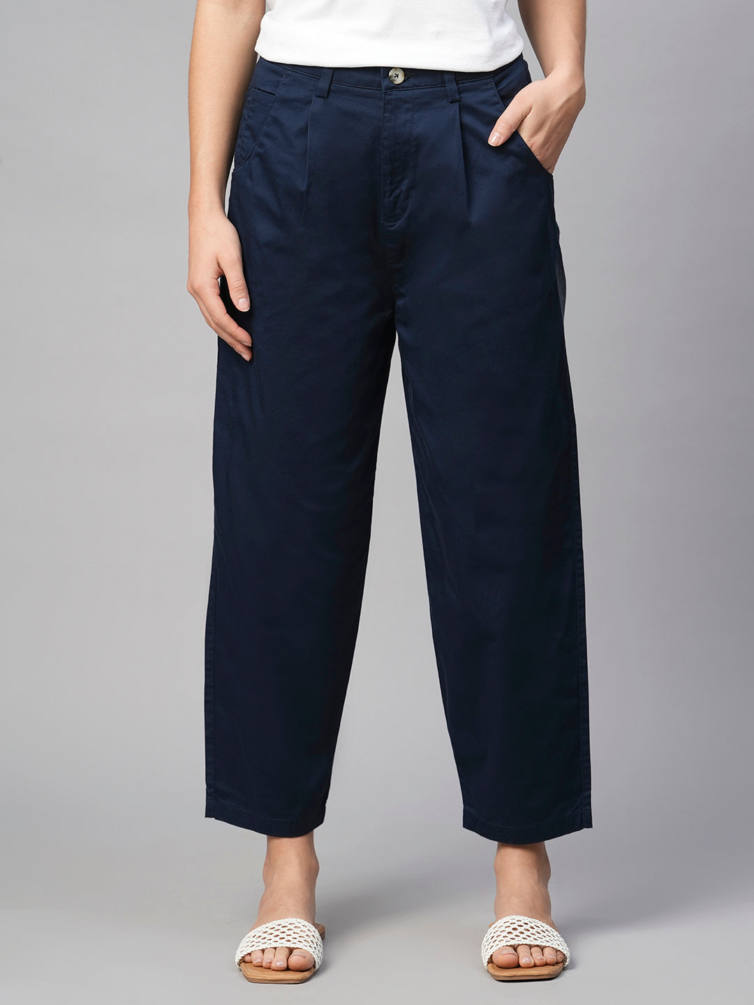 Women's Navy Cotton Elastane Loose Fit Pant