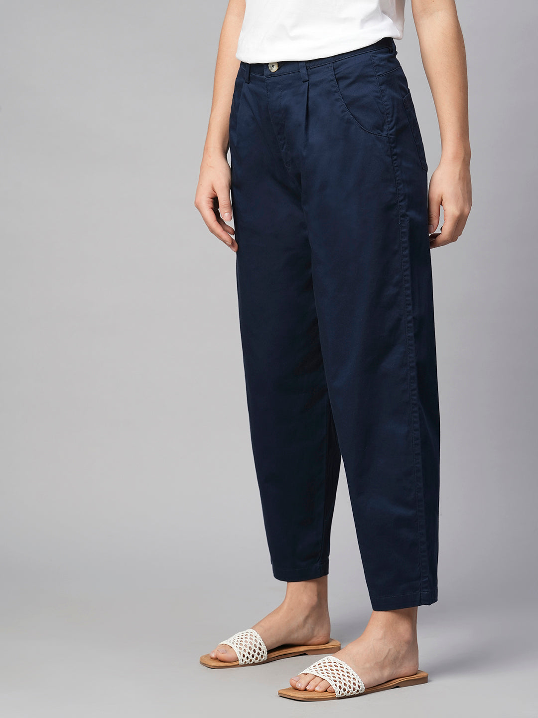 Women's Navy Cotton Elastane Loose Fit Pant