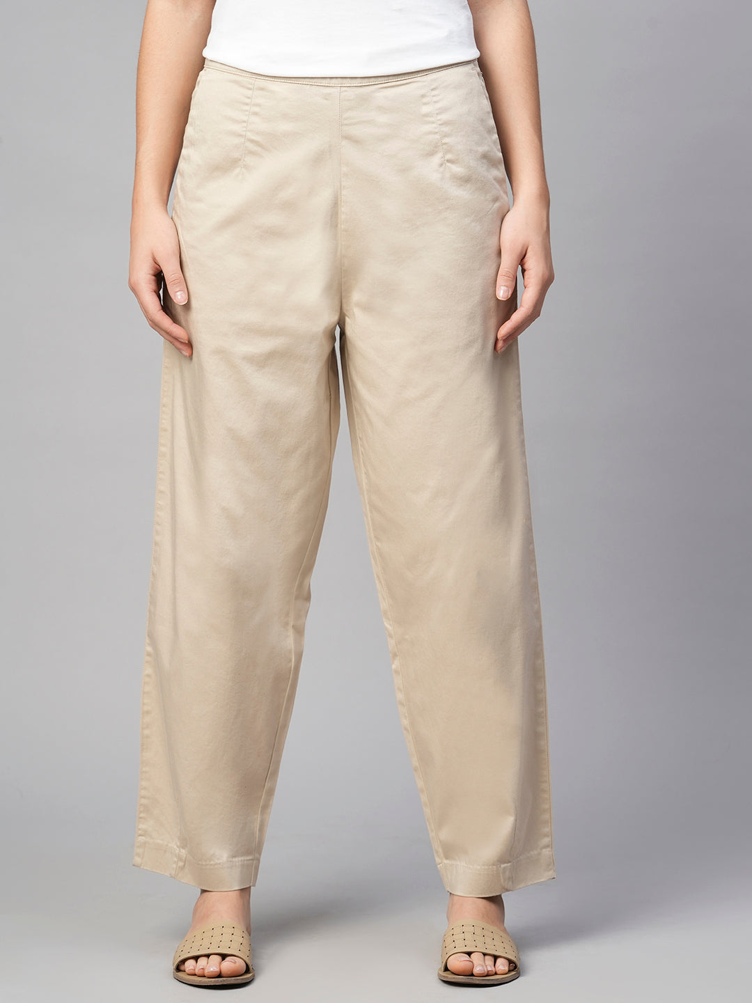 Women's Beige Cotton Elastane Regular Fit Pant