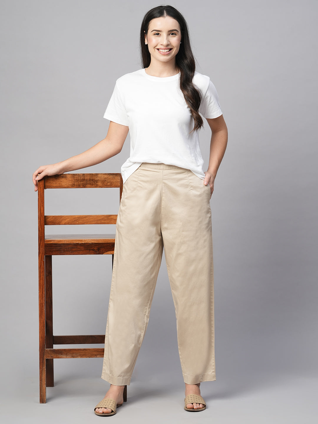Women's Beige Cotton Elastane Regular Fit Pant