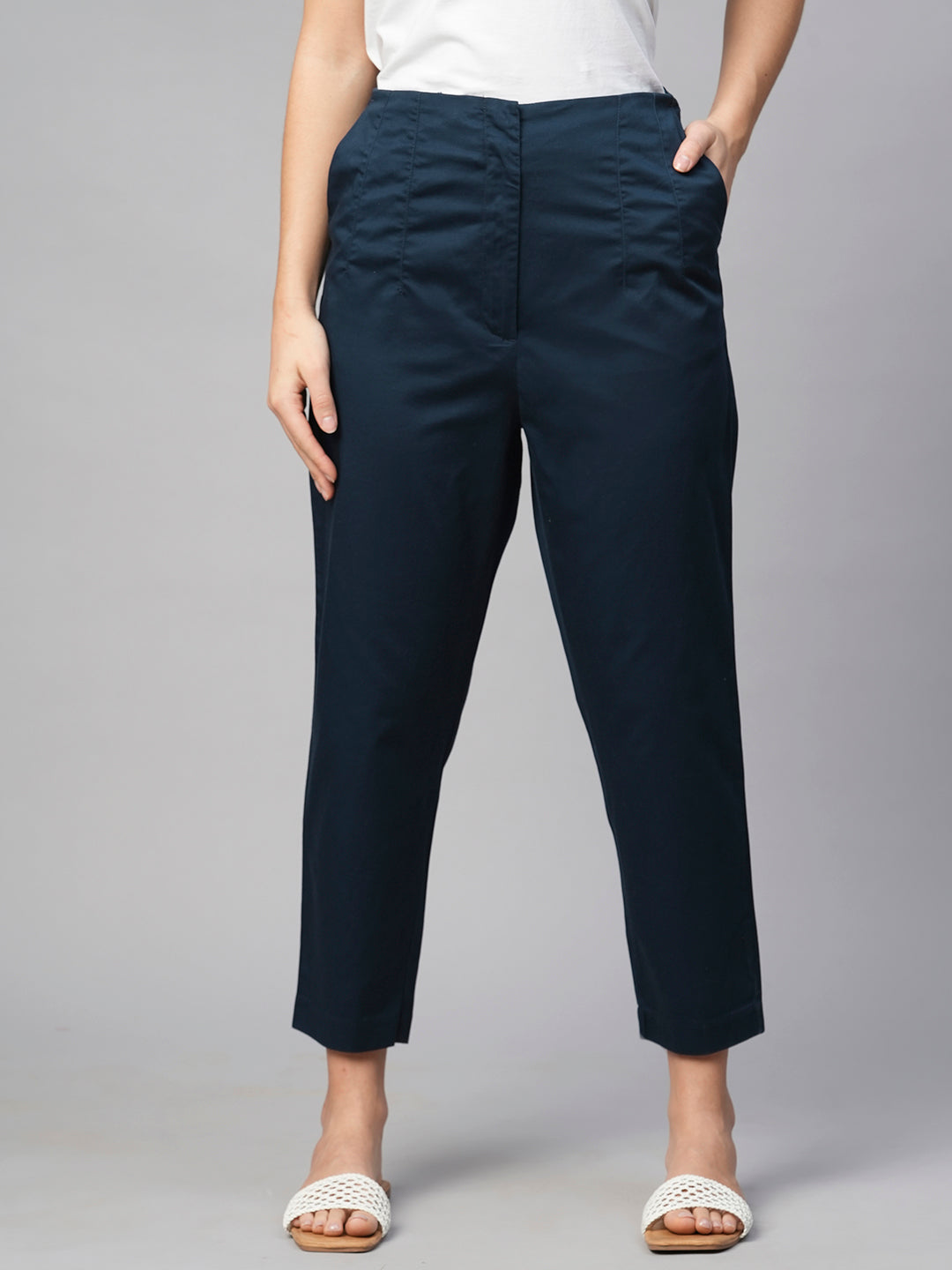 Women's Navy Cotton Elastane Slim Fit Pant