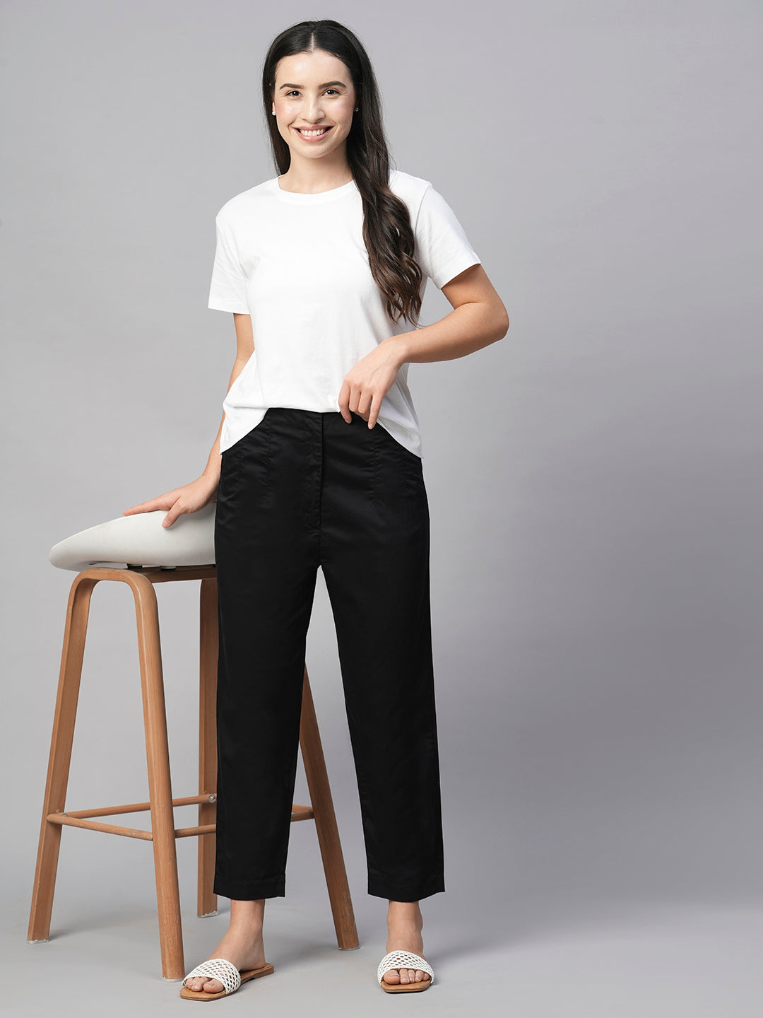Women's Black Cotton Elastane Slim Fit Pant