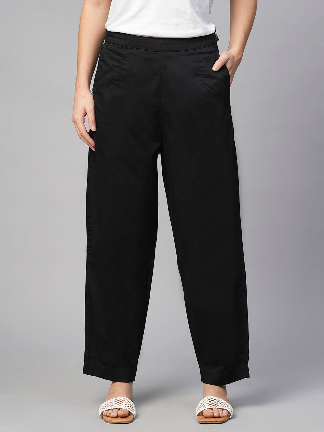 Women's Black Cotton Elastane Regular Fit Pant