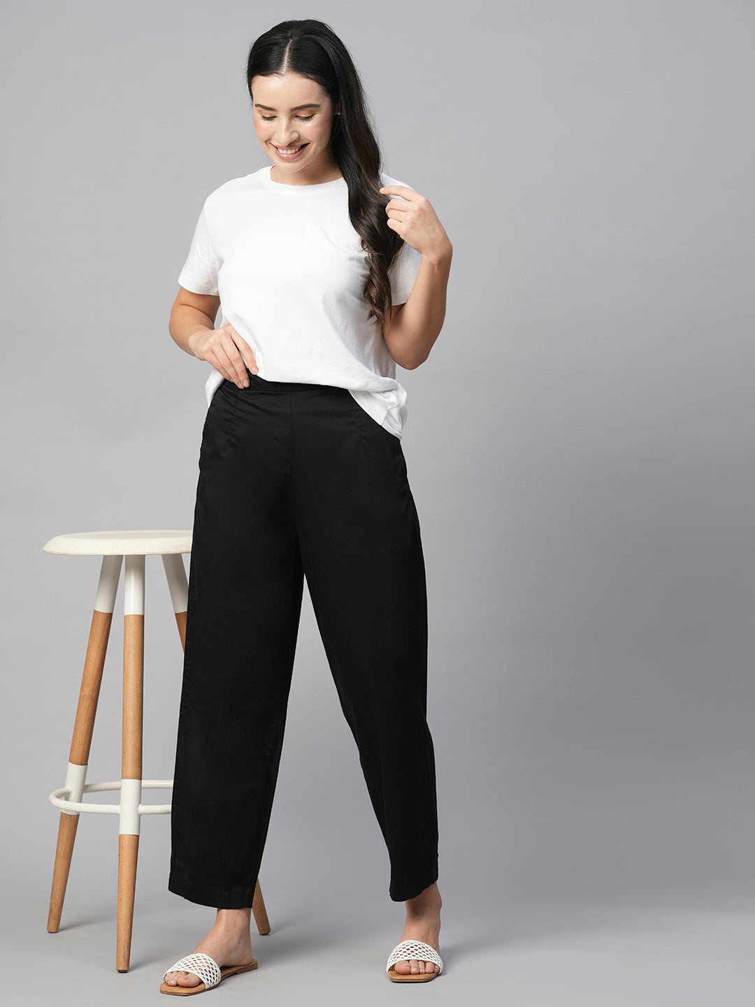 Women's Black Cotton Elastane Regular Fit Pant