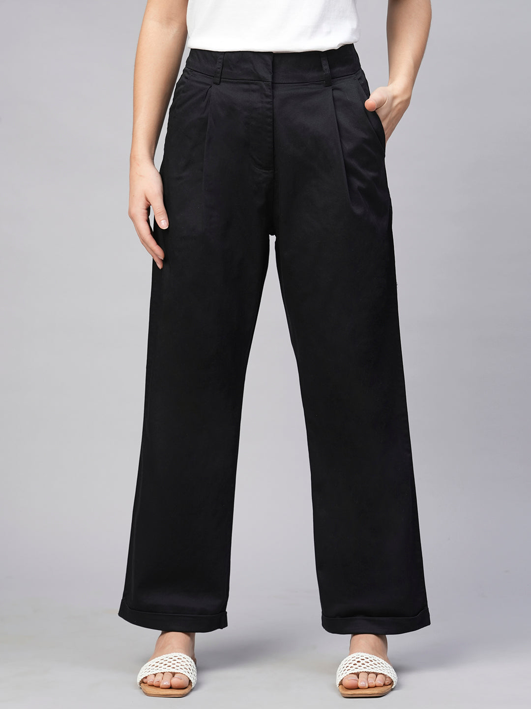 Women's Black Cotton Elastane Straight Fit Pant