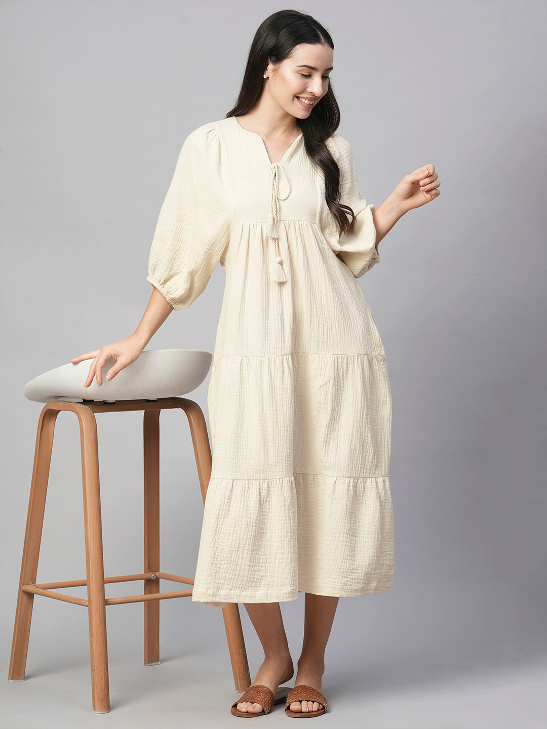 Women's Offwhite Cotton Regular Fit Dress