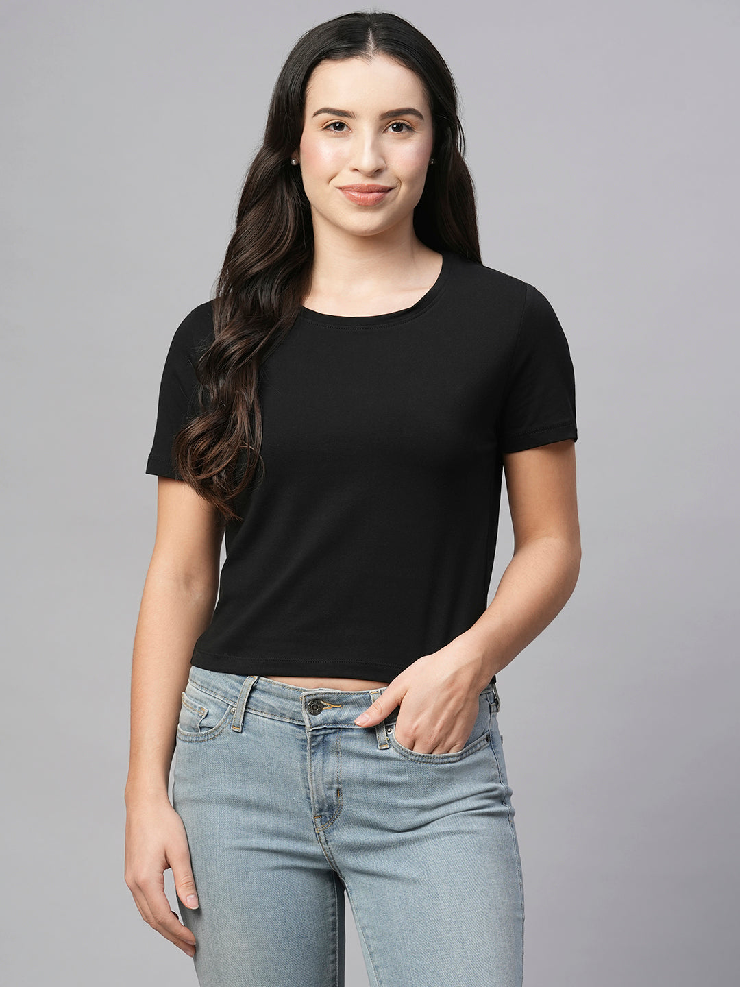 Women's Cotton Elastane Black Regular Fit Tshirt