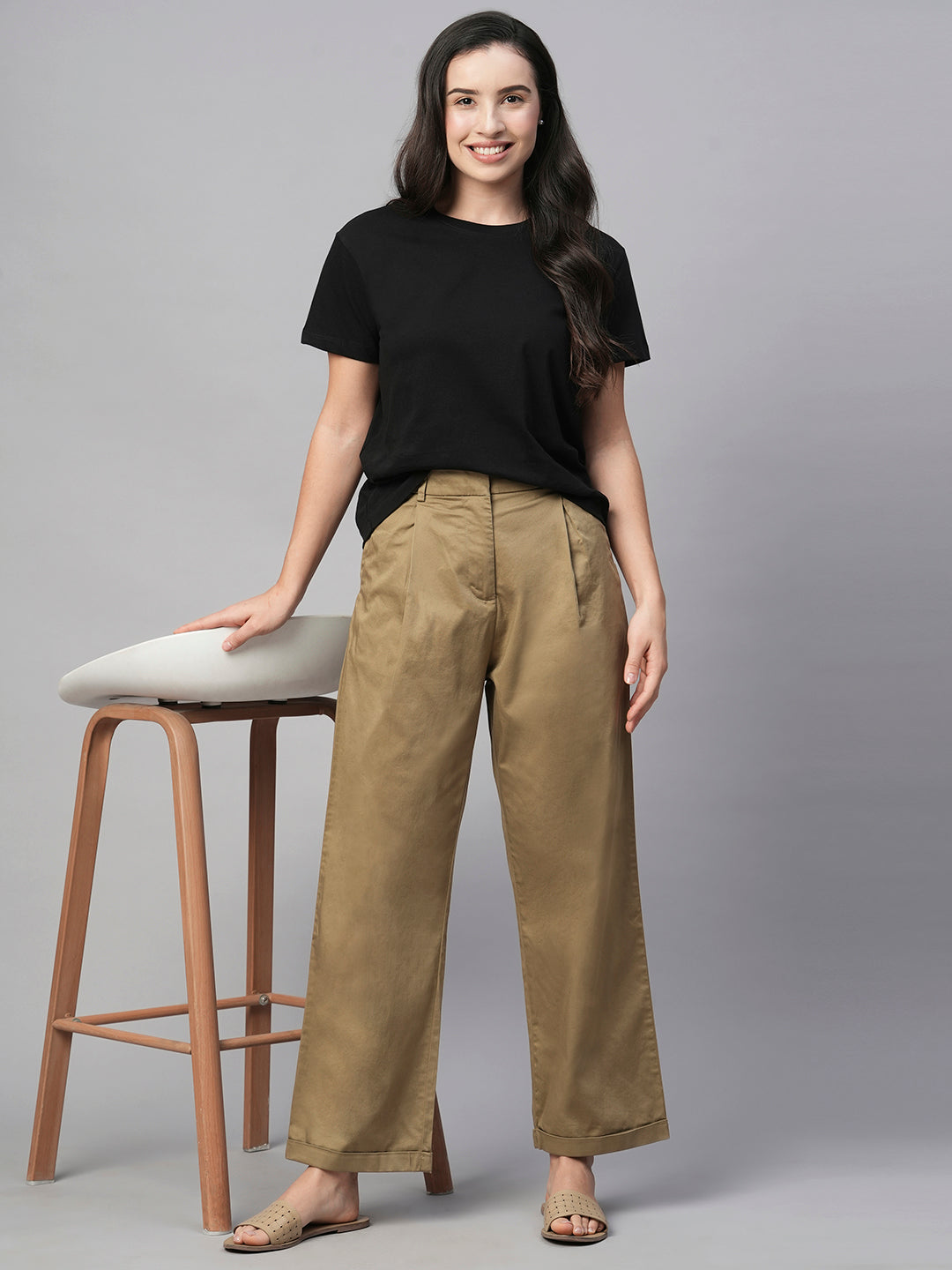 Women's Khaki Cotton Elastane Straight Fit Pant