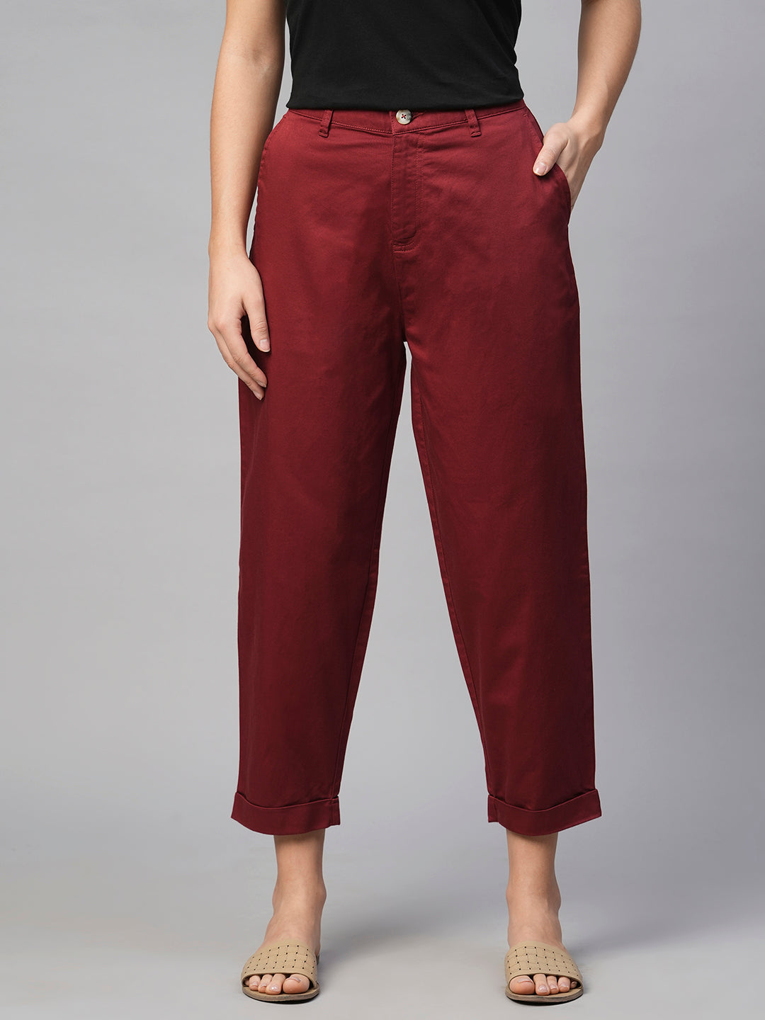 Women's Cotton Elastane Maroon/Red Loose Fit Pant