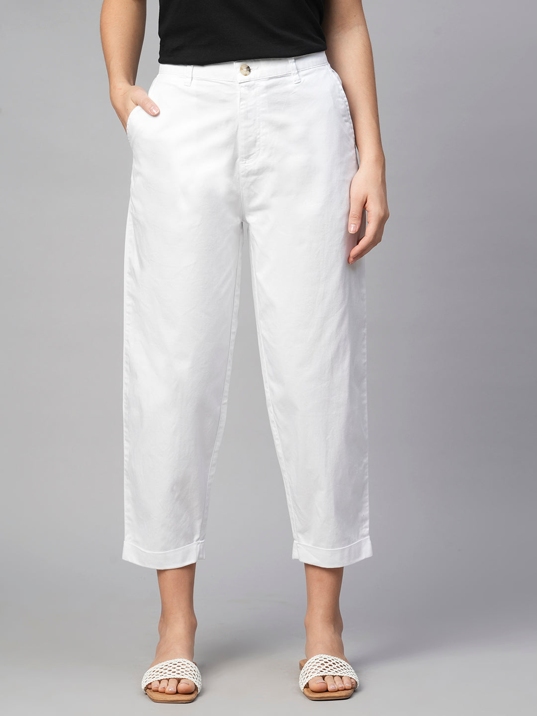 Women's White Cotton Elastane Loose Fit Pant
