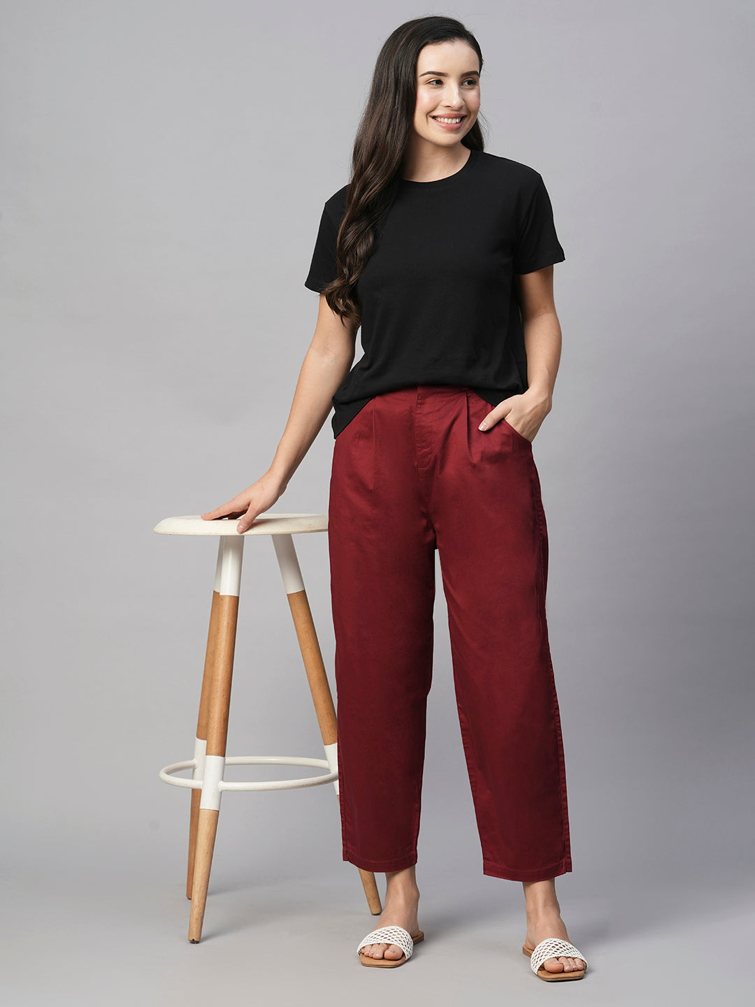 Women's Cotton Elastane Maroon/Red Loose Fit Pant