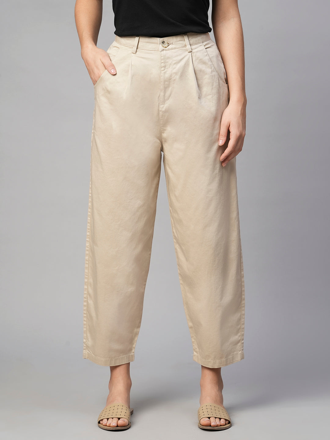 Women's Beige Cotton Elastane Loose Fit Pant
