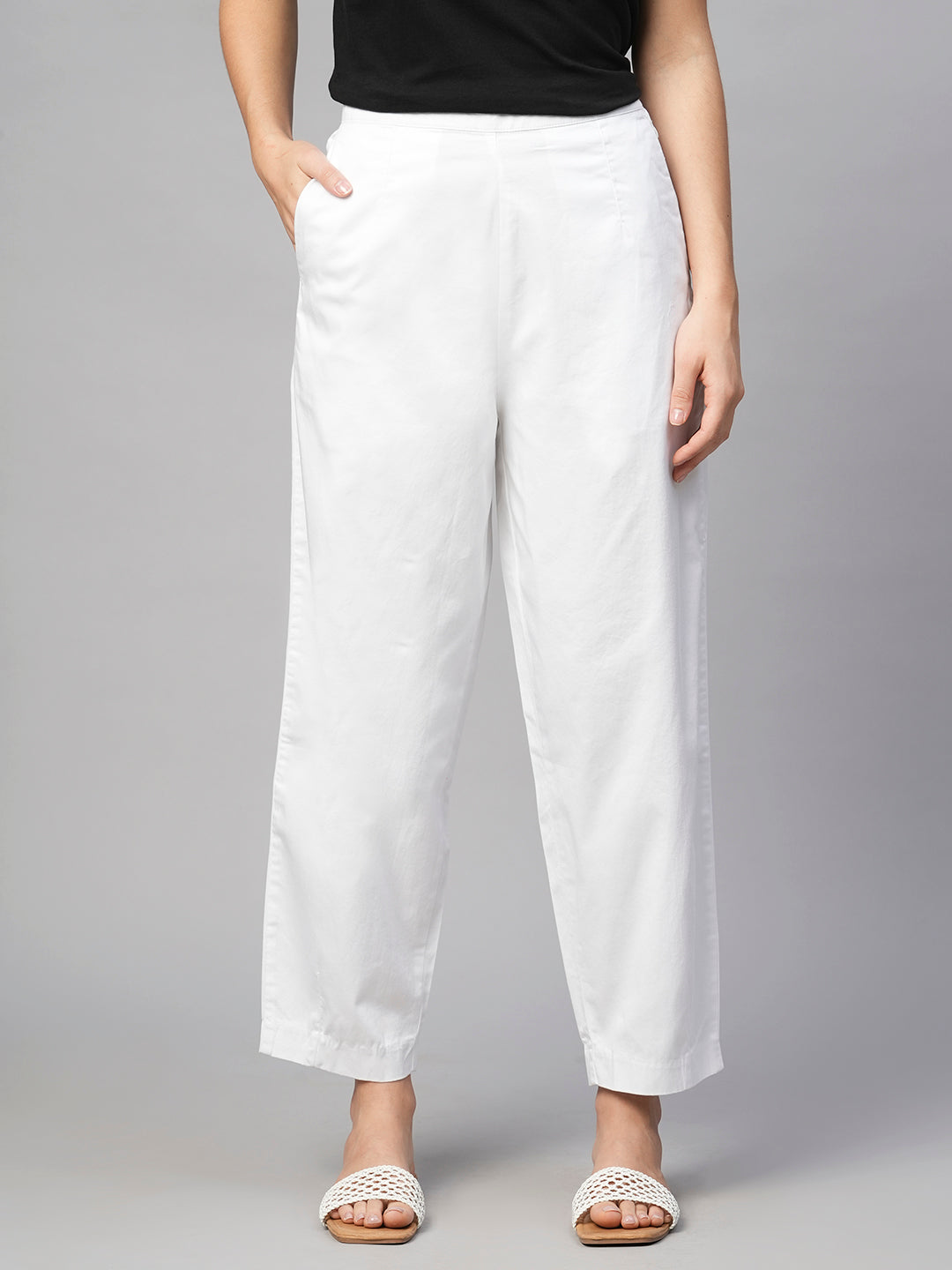 Women's White Cotton Elastane Regular Fit Pant