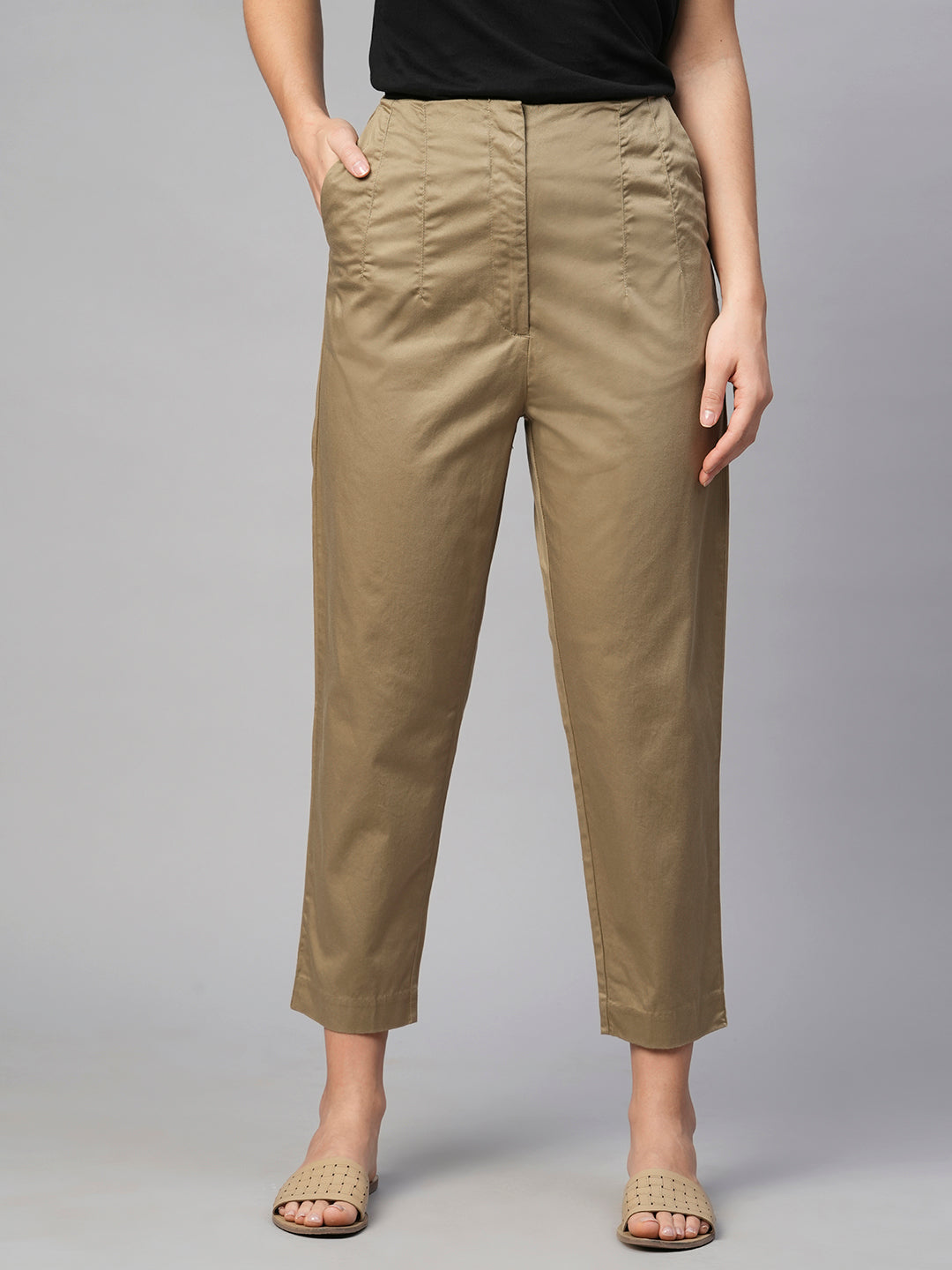 Women's Khaki Cotton Elastane Slim Fit Pant