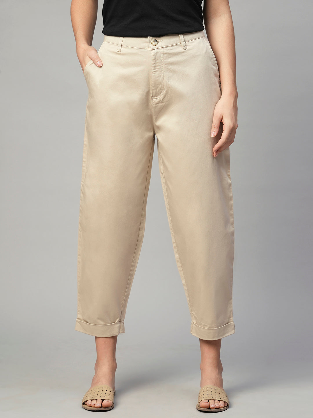 Women's Beige Cotton Elastane Loose Fit Pant