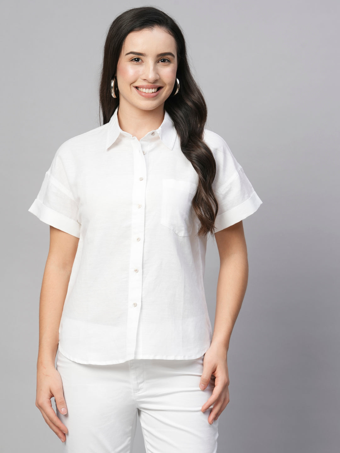 Women's White Linen Cotton Regular Fit Blouse