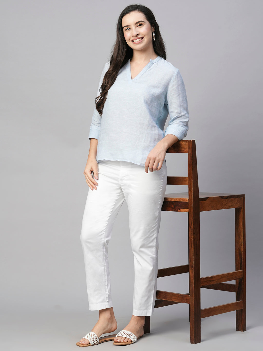 Women's Blue Linen Regular Fit Blouse