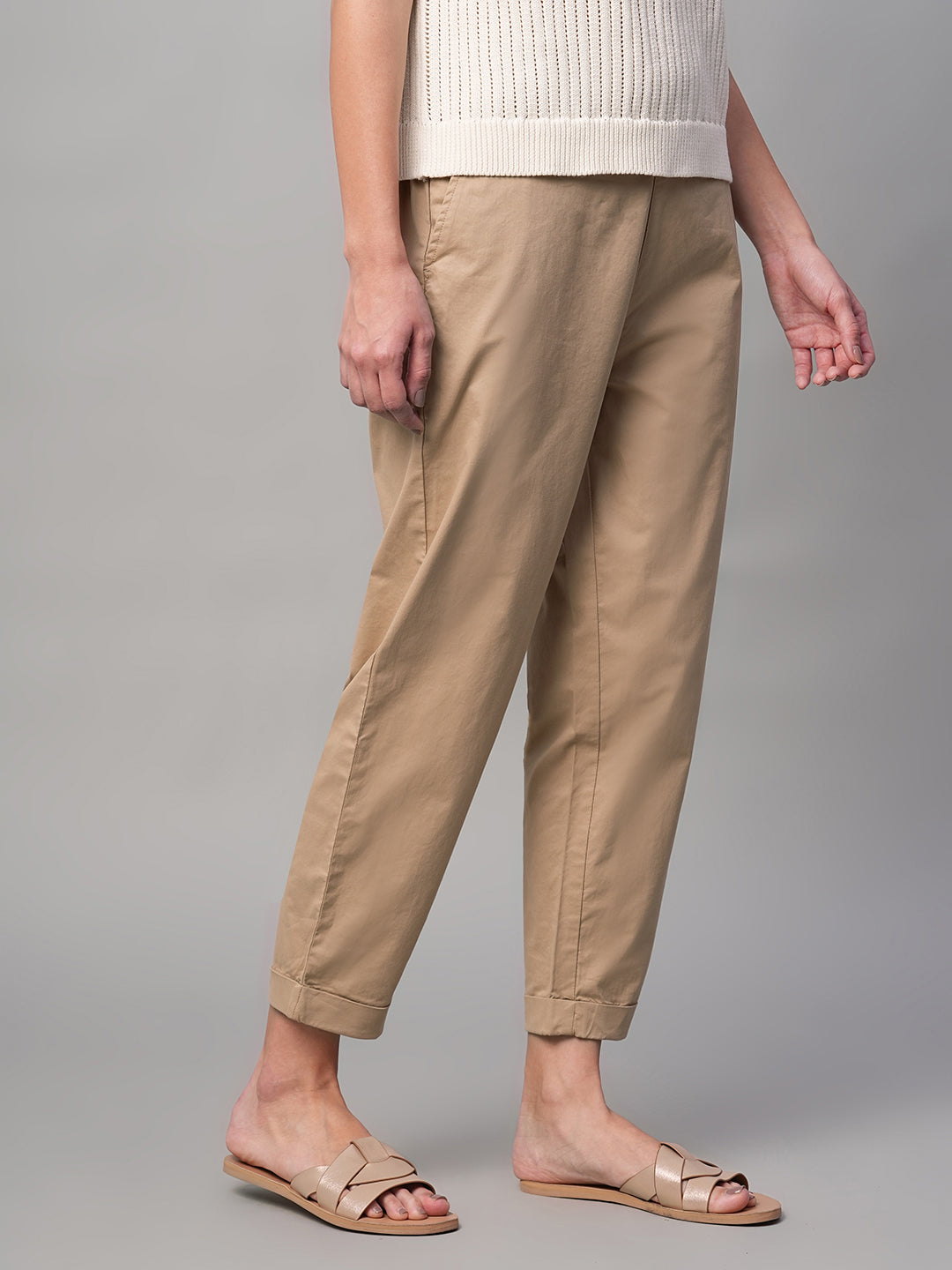 Women's Khaki Cotton Lycra Regular Fit Pant
