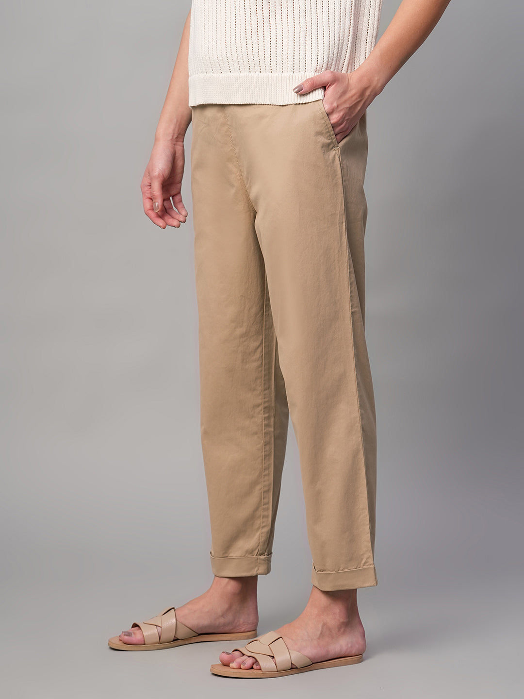 Women's Khaki Cotton Lycra Regular Fit Pant