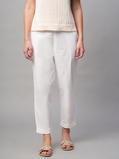 Women’s Cotton Lycra Regular Fit Elastic Waist Pant White