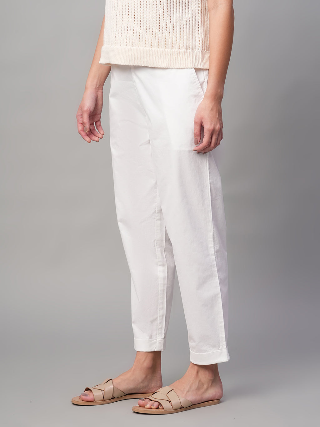 Women's White Cotton Lycra Regular Fit Pant