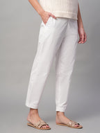 Women's White Cotton Lycra Regular Fit Pant