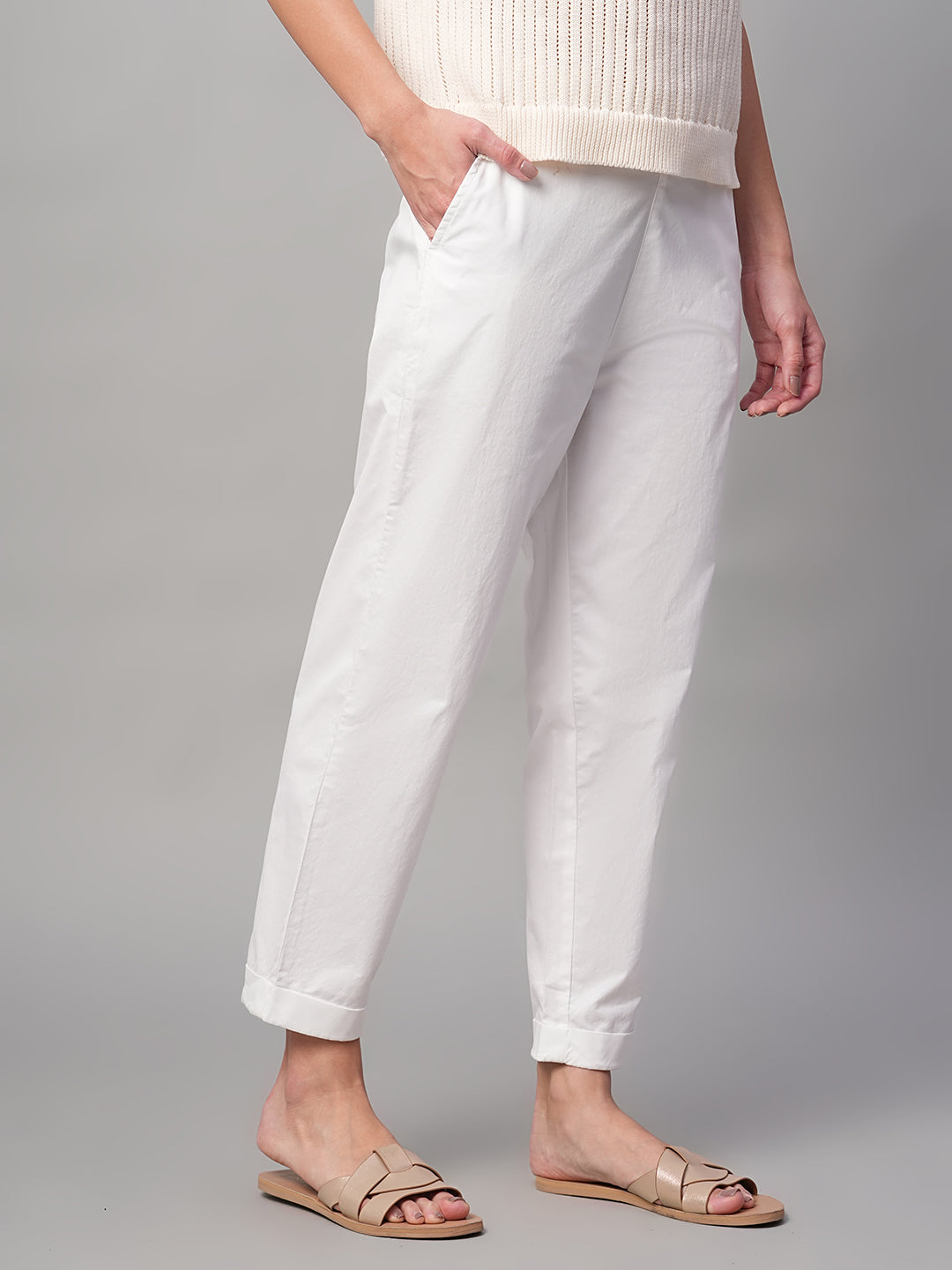 Women's White Cotton Lycra Regular Fit Pant