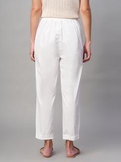 Women’s Cotton Lycra Regular Fit Elastic Waist Pant White