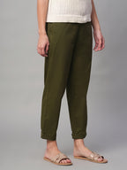 Women's Olive Cotton Lycra Regular Fit Pant