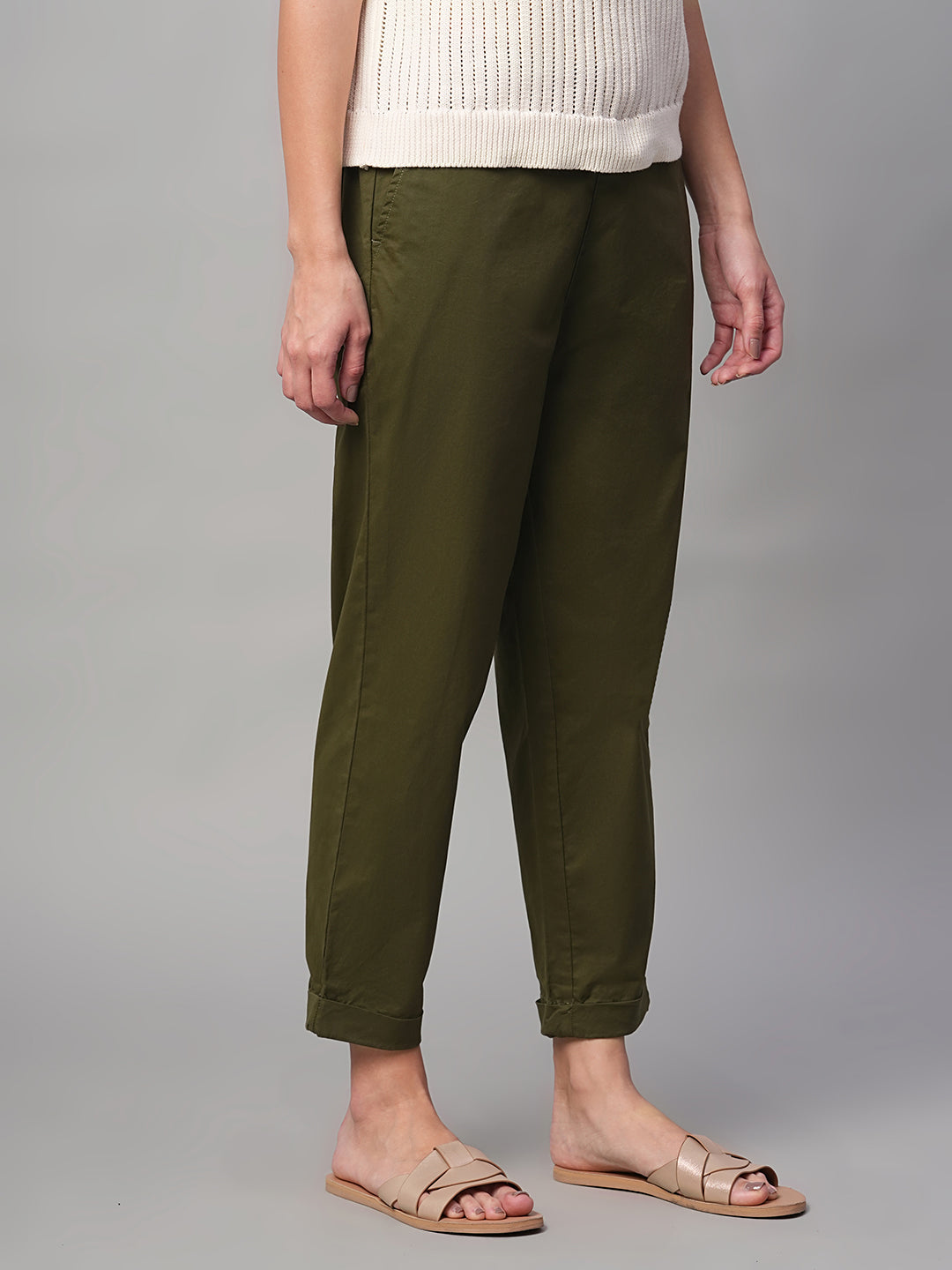 Women's Olive Cotton Lycra Regular Fit Pant